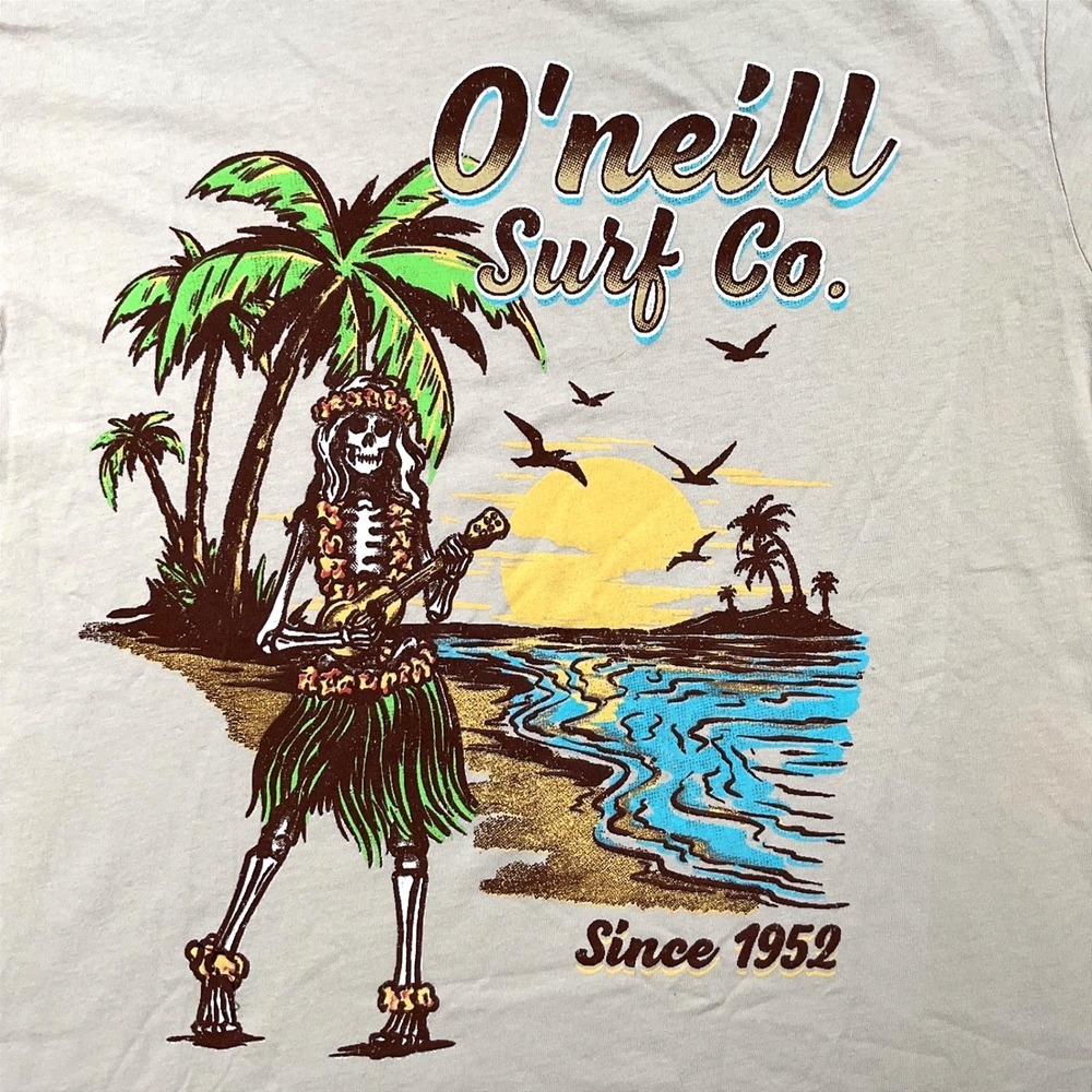 O'Neill Surf Co Mens Hula Hula Skeleton Graphic T-Shirt Tan Size MED NEW